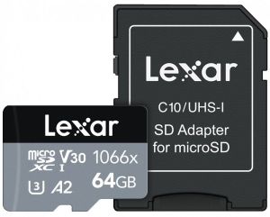 LEXAR PROFESSIONAL 1066X SILVER SERIES MICRO SDXC 64GB + ADAPTER CLASS 10 UHS-I U3 A2 V30 (160/70 MB/S)